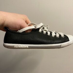 Prada Black And White Leather Lace Up Sneakers Size 35.5